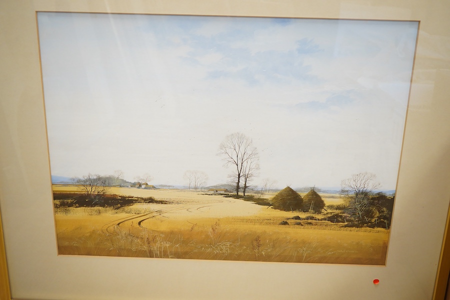 Paul Evans (b.1950), Meadow before derelict farm buildings and one other, each signed, two watercolour and gouaches, largest 41 x 56cm